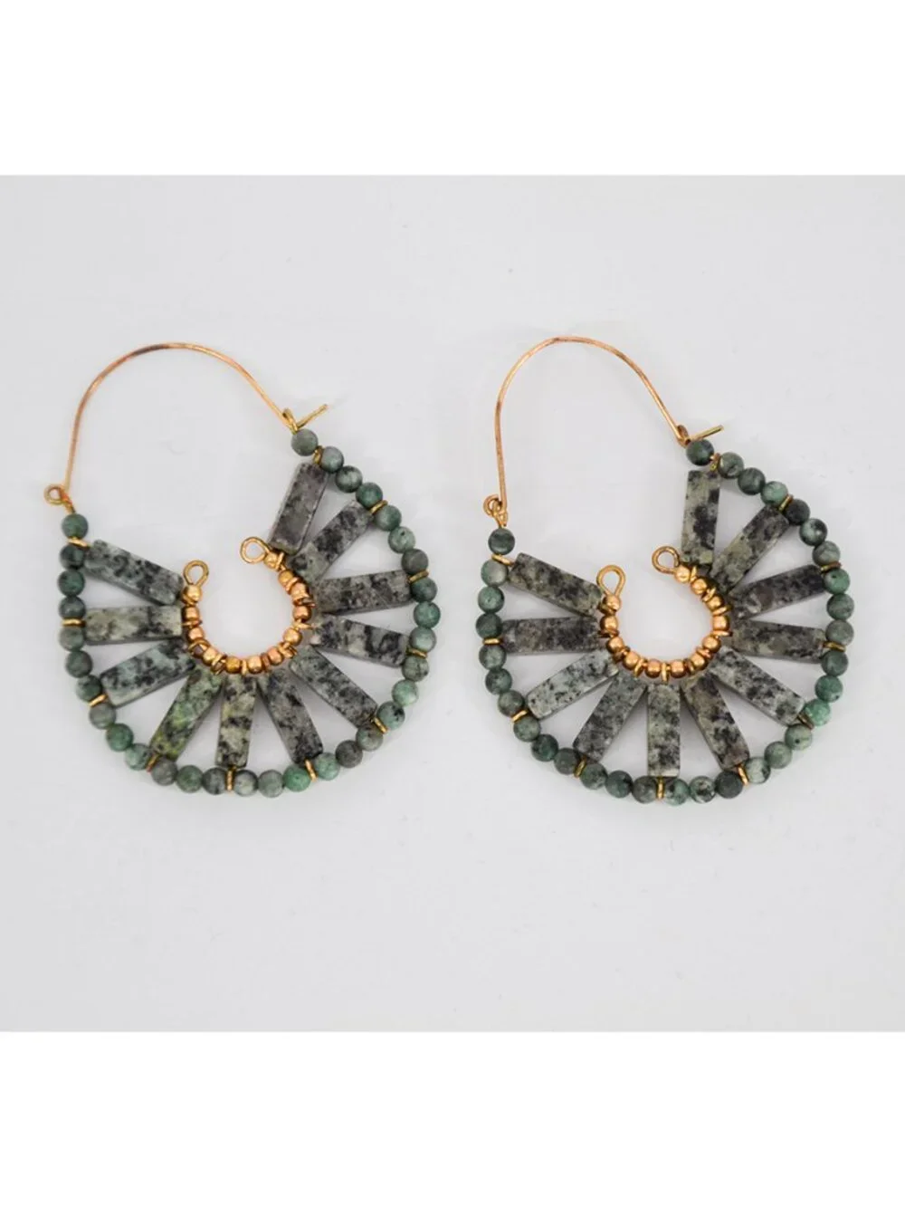 Anthropologie Green Stone Hoop Earrings Gold Toned
